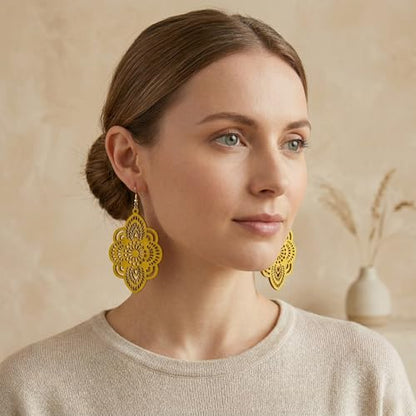 Boho Black Filigree Dangle Earrings for Women, Lightweight Hollow Lace Drop, Wood, 3.34" x 1.69", Bohemian Jewelry - color: Yellow