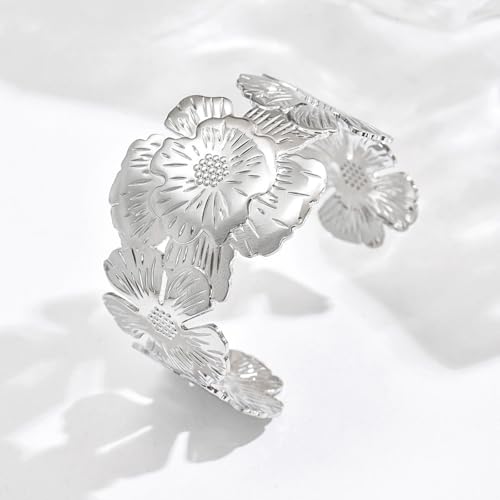 YWMAN Silver Flower Cuff Bracelet, Metallic Floral Chunky Bracelet for Women - color: Flower 4
