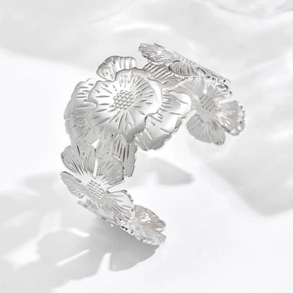 YWMAN Silver Flower Cuff Bracelet, Metallic Floral Chunky Bracelet for Women - color: Flower 4