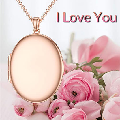 SOULMEET 10K 14K 18K Solid White Gold/Silver Minimalist Style/Infinity Sunflower Heart/Oval Locket Necklace That Holds 1 or 2 Pictures Personalized Photo Locket Necklace Letters Engraving - style: E3-Rose gold oval locket only