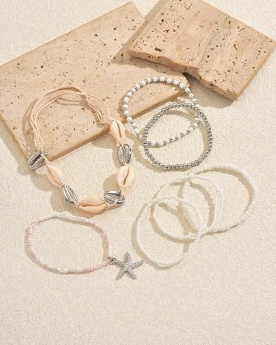 Shell Bracelets for Women Layered Seashell Starfish Bracelets Stackable Stretch Boho Beaded Bracelet Summer Beach Surfer Bracelet Seaside Beach Dress Outfits Accessories - color: A4:shell bracelets