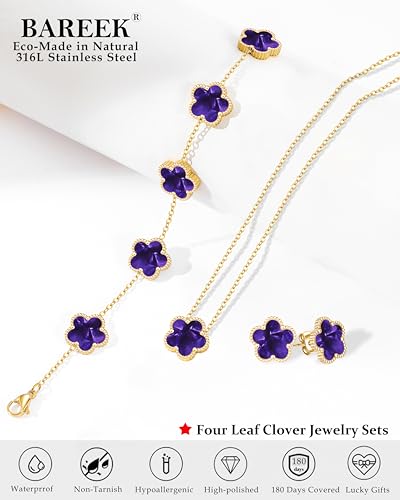 Clover Jewelry Set 3 PC - 18K Gold Plated Stainless Steel Y Necklace Four Leaf Pendant, Clover Link Bracelet Charm, Flower Earrings, Hypoallergenic Non-Tarnish,Simple Luxury Lucky Gifts for Women - color: Purple