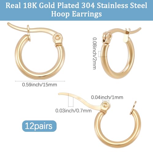 Beebeecraft 1 Box 12 Pairs Round Earring Hoops 18K Gold Plated Stainless Steel 15mm Circle Rings French Small Decorative Jewelry Hoop Earrings Rings for Women Ear Piercing Jewelry Crafts DIY Decor - size: 15x2mm