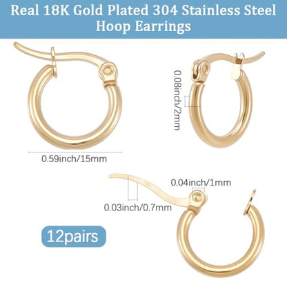 Beebeecraft 1 Box 12 Pairs Round Earring Hoops 18K Gold Plated Stainless Steel 15mm Circle Rings French Small Decorative Jewelry Hoop Earrings Rings for Women Ear Piercing Jewelry Crafts DIY Decor - size: 15x2mm