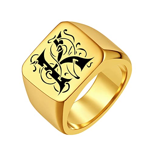 FindChic Customized Signet Photo Rings Square/Heart/Round Chunky Band Ring Stainless Steel/18K Gold Plated/Black Size 7 to 14 Personalized Jewelry for Men Women, Send Gift Box - color: 01. personalized monogram square (gold)