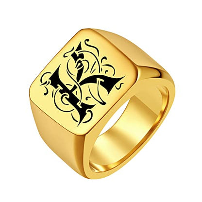 FindChic Customized Signet Photo Rings Square/Heart/Round Chunky Band Ring Stainless Steel/18K Gold Plated/Black Size 7 to 14 Personalized Jewelry for Men Women, Send Gift Box - color: 01. personalized monogram square (gold)