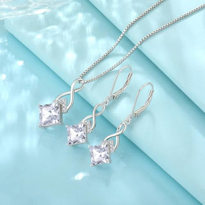 Infinity Necklace 925 Sterling Silver Princess Cut Pendant Birthstone Jewelry for Women - color: Clear White
