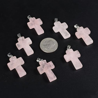 Justinstones 32mm Gemstone Carved Cross Reiki Chakra Pendant With Stainless Steel Necklace 22 Inch - color: Rose Quartz