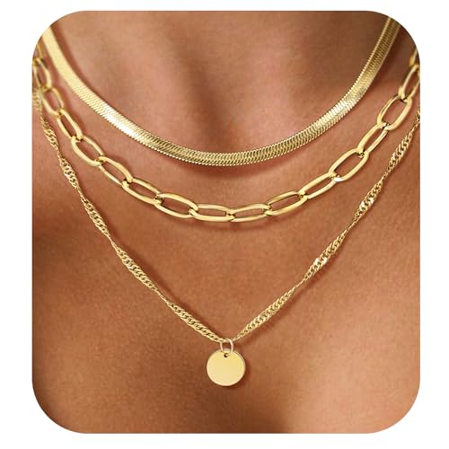 Layered Necklaces for Women,14k Gold Plated Dainty Necklace Stack Set Non Tarnish Adjustable Silver Stainless Steel CZ Heart Circle Pendant Paperclip Choker Herringbone Snake Chain Jewelry - style: Gold Circle Layered Necklace