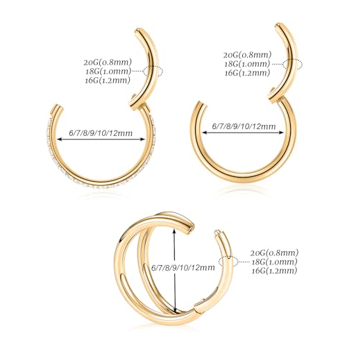 GAGABODY 2 Pcs Nose Rings 22G 20G 18G 16G 14G 12G 10G 8G Surgical Steel Piercing Rings for Nose Septum Cartilage Helix Tragus Conch Rook Daith Lobe from 5mm to 16mm Seamless Hoop Unisex Hinged Earrings - color: Gold-Single&Double&CZ Hoop