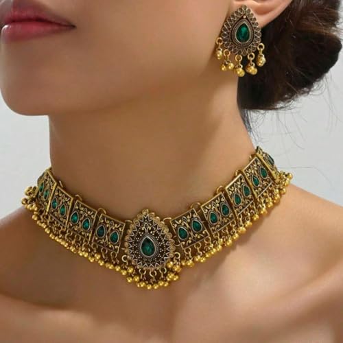Frodete Indian Jewelry Sets for Women Traditional Bohemian Wedding Jewelry Set Indian Dresses for Women Oxidized Ethnic Party Prom Wear - color: B3:green indian necklace earring sets
