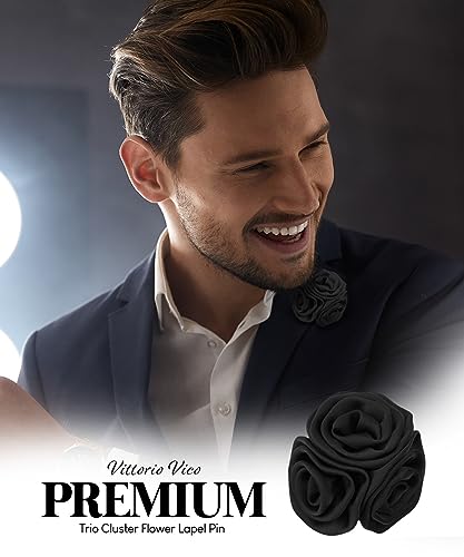 Premium Trio Cluster Flower Lapel Pin - Formal Boutonniere for Men, Flower Brooch Pin - color: Black
