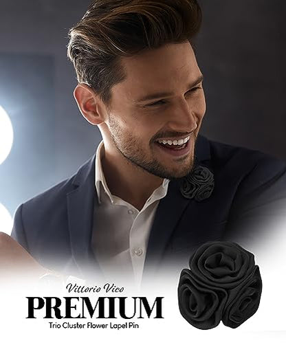 Premium Trio Cluster Flower Lapel Pin - Formal Boutonniere for Men, Flower Brooch Pin - color: Black
