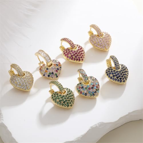 Crystal Heart Hoop Earrings for Women Dainty Fashion Heart Huggie Earrings Colourful Sparkly Crystal 14k Gold Love Heart Dangle Drop Earrings Valentine’s Day Statement Jewelry Gifts - color: Pink