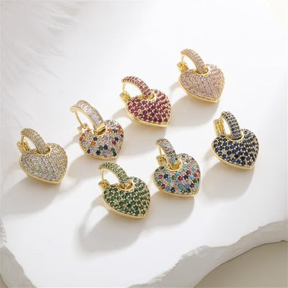Crystal Heart Hoop Earrings for Women Dainty Fashion Heart Huggie Earrings Colourful Sparkly Crystal 14k Gold Love Heart Dangle Drop Earrings Valentine’s Day Statement Jewelry Gifts - color: Pink