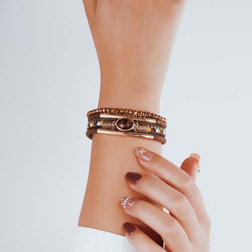 Boho Leather Wrap Bracelets Beaded Stackable Cuff Bracelet Country Concert Outfits Cowboy Cowgirl Western Jewelry Gifts for Women - color: Crystal-Brown