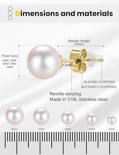 5 Pairs Pearl Earrings for Women Hypoallergenic Ball Studs Earrings Set Women 316L Surgical Steel Silver Pearl Earrings Birthday Valentines Day Gifts - color: A002-Gold