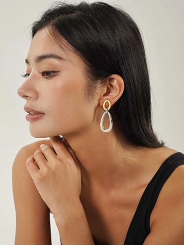 Antique Gold Hammered Disc Drop Earrings Boho Earrings with Two Tone Jewelry Gift - color: EH22208A