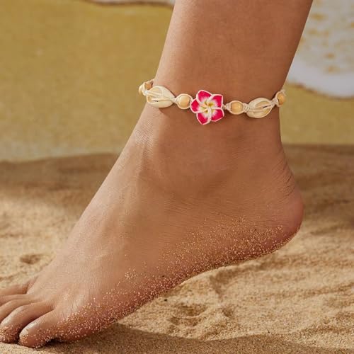 Shell Ankle Bracelet Set for Women,Boho Adjustable Beads Anklet Pack Natural White Shells Stack Stretch Seashell Pearl Starfish Bracelet Set Hawaiian Beach Vacation Foot Jewelry - style: K-Shell Flower