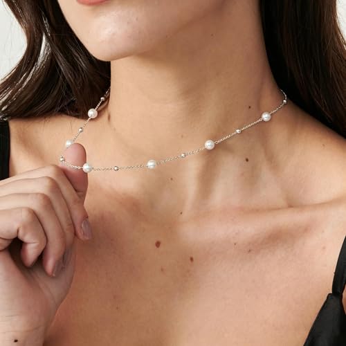 Pearl Necklace for Women, Dainty Pearls Choker Necklace for Women 14K Gold Plated Layered Pendant Necklace Handmade Gold Chain Necklace Everyday Jewelry Gift - color: Bead Pearl-Silver