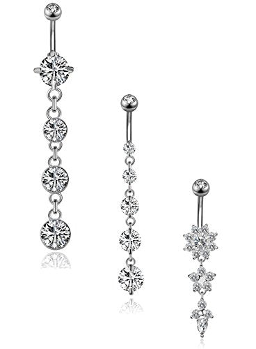 3-6PCS 14G 316L Stainless Steel Belly Button Rings for Women Navel Rings Barbell Dangle Flower CZ Body Piercing - color: A: 3 Pcs Silver-tone