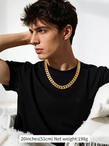 FindChic Cuban Link Chain Necklace for Women Men, Silver/Gold Plated Stainless Steel Solid Miami Curb Chain Hip Hop Punk Statement Jewelry, 5/12/14mm Width, 16/18/20 Inch Length, with Gift Box - color: 04. 12mm-Gold, size: 20inches