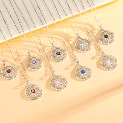 Compass Birthstone Necklace for Women S925 Sterling Silver with Cubic Zirconia - Birthday Jewelry gift for her, Girlfriend, Wife, Mom on Birthday, Anniversary - color: 08 - Peridot