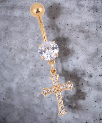 B BodyPJ Sparkles 14G Religious Belly Button Ring with Crystal Cross and Religious Charms, Stainless Steel - style: Type G,Gold