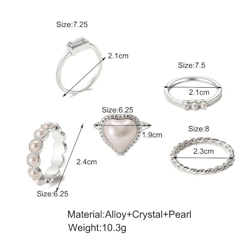 5Pcs Silver Plated Rings Set Female Pearl Heart Pearl Beads Joint Knuckle Rings Dainty Twist Midi Tail Finger Rings Y2k Heart Rings Dainty Faux Pearl Stackable Rings Sets Valentine's Day Xmas Gift - color: 5pcs silver set