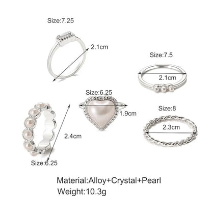 5Pcs Silver Plated Rings Set Female Pearl Heart Pearl Beads Joint Knuckle Rings Dainty Twist Midi Tail Finger Rings Y2k Heart Rings Dainty Faux Pearl Stackable Rings Sets Valentine's Day Xmas Gift - color: 5pcs silver set
