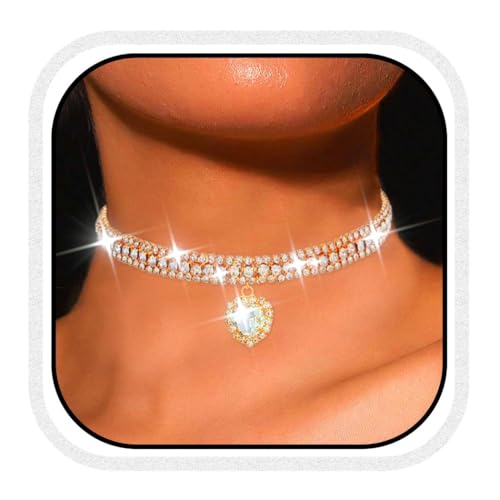 CLOACE Rhinestone Choker Necklace Heart Pendant Diamond Row Necklaces Sparkly Crystal Prom Chain Jewerly Accessories for Women - color: Gold