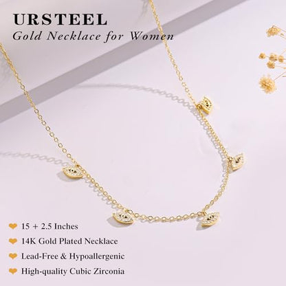 Ursteel 14K-Gold-Plated Necklace for Women Girls, Cute Daisy Pearl Necklace for Girls Clover Butterfly Cubic Zirconia Flower Evil Eye Station Necklaces for Women Teen Girl Gifts - color: Evil Eye Zircon