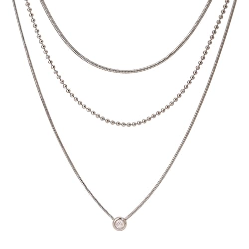Women Stainless Steel Triple Strand Chain Necklace w Crystal Charm | Multi-Layered Dainty Style Three Layer Bead and Snake Chain Waterproof Non-Tarnish Trendy Jewelry Gifts - color: Silver