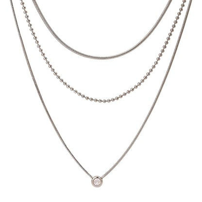 Women Stainless Steel Triple Strand Chain Necklace w Crystal Charm | Multi-Layered Dainty Style Three Layer Bead and Snake Chain Waterproof Non-Tarnish Trendy Jewelry Gifts - color: Silver