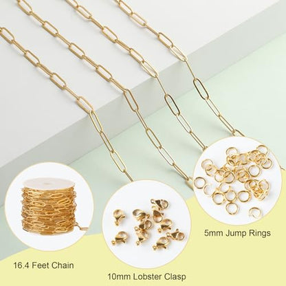 SMYHTGLIF 16.4 Feet Oval Paperclip Soldered Jewelry Making Chains Bulk | Gold Chain for Jewelry Making Stainless Steel Chain Roll DIY Craft Jewelry with Lobster Clasps and Open Jump Rings - color: Gold, size: 4.5×14mm