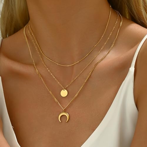 18K Gold Plated Layered Herringbone Necklaces for Women Dainty Layering Beaded Snake Chain Choker Moon Coin Pendant Necklace Trendy Stainless Steel Jewelry - color: Trible Moon Coin-Gold