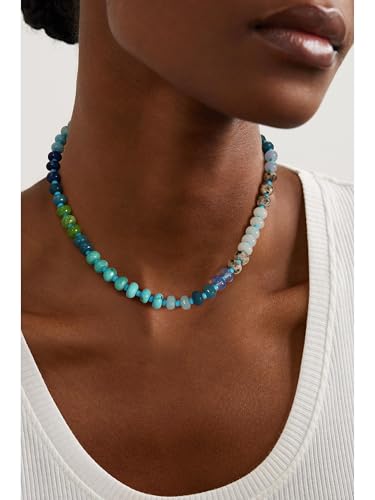 Joya Love Colorful Gemstone Beaded Necklaces For Women Trendy Rainbow Natural Stone Boho Handmade Stainless Steel Waterproof Strand Necklaces Jewelry For Women Gift - color: Blue