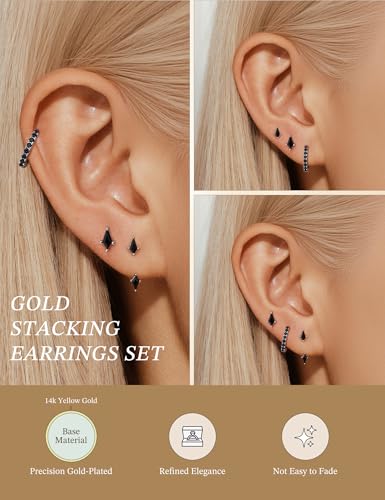 3 Pairs Stackable Kite Stud Earrings Set for Women Trendy | Dainty Birthstone Stud Gold & 925 Sterling Silver Huggie Hoop Jacket Stack Earrings for Women 2026 - color: Silver-Black Diamond