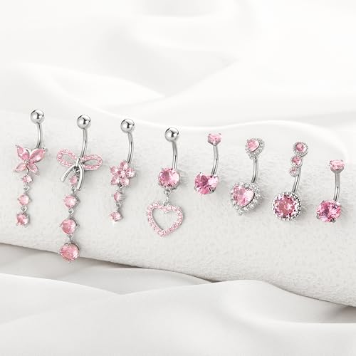 BSJ4U 8Pcs Gold Pink Silver Belly Button Ring Dangle Navel Belly Piercing Jewelry Cute CZ Butterfly Heart Flower Bow Navel Belly Rings for Women 14G Hypoallergenic Surgical Stainless Steel Dainty Dangling Dangly Belly Button Piercing Pack - color: Pink Be