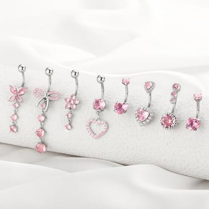 BSJ4U 8Pcs Gold Pink Silver Belly Button Ring Dangle Navel Belly Piercing Jewelry Cute CZ Butterfly Heart Flower Bow Navel Belly Rings for Women 14G Hypoallergenic Surgical Stainless Steel Dainty Dangling Dangly Belly Button Piercing Pack - color: Pink Be