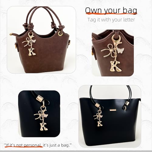 Gold Bubble Heart, Cherry, Bow & More Designs Letter Initial Keychain Bag Charms – Cute Purse Charms for Handbags - color: Bow & Butterfly, style: K