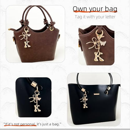 Gold Bubble Heart, Cherry, Bow & More Designs Letter Initial Keychain Bag Charms – Cute Purse Charms for Handbags - color: Bow & Butterfly, style: K
