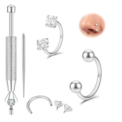 Titanium Horseshoe Nose Ring 20g, Gold Silver Nose Rings Hoops with Double CZ Gems Hypoallergenic Septum Ring for Women Men, Small Cartilage Helix Tragus Daith Labret Piercing Jewelry 7mm 8mm 9mm - color: Silver-Ball+CZ
