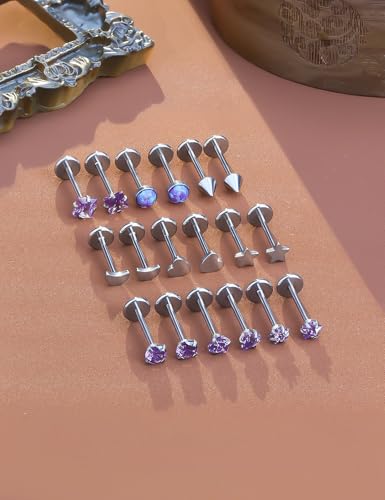 Threadless Noses Rings, Flat Back Earrings, 20/18/16g-Gauge 5/16in-Post 3mm-Top, Hypoallergenic Surgical Steel Medusa Lip Labret Cartilage Helix Tragus Conch Piercing Jewelry for Women Men - color: Purple, size: 20g*8mm