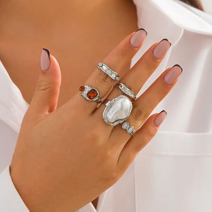 Chunky Baroque Pearl Knuckle Rings Set,Charming Dainty Crystal Pearl Personalized Joint Ring,Vintage Plated Gold Flower Midi Rings Set for Women