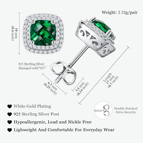 Dainty Birthstone Earrings for Women Sterling Silver Small Stud Earrings with Halo Cushion/Round Created Gemstone Earrings Birthstone Jewelry - style: A 05. May/created emerald-cushion cut