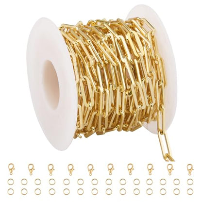 GTVOODX Chunky Paperclip Chain Roll Gold Plated Stainless Steel Chain Bulk | 4 Meters Handmade Paper Clip Chains Spool Bulk for Women Jewelry Making Permanent Jewelry with Lobster Clasps Jump Rings - color: Gold Thick Paperclip Chains