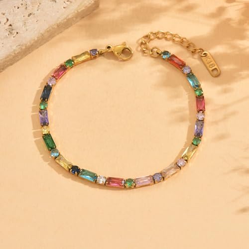 18K Gold Plated Multi-Color Classic Tennis Bracelet for Women Dainty Color 3mm Rainbow Cubic Zirconia Bracelet Adjustable CZ Gold Bracelets Trendy Summer Jewelry Gift - style: Multi Color-Gold