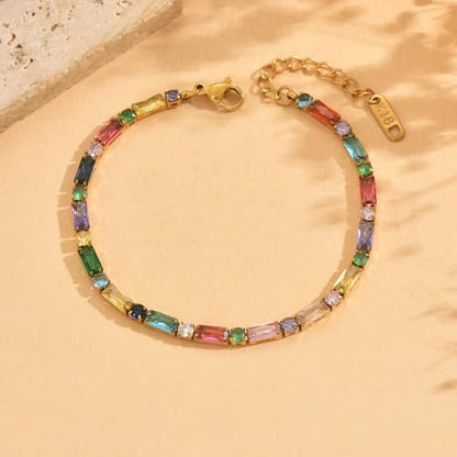 18K Gold Plated Multi-Color Classic Tennis Bracelet for Women Dainty Color 3mm Rainbow Cubic Zirconia Bracelet Adjustable CZ Gold Bracelets Trendy Summer Jewelry Gift - style: Multi Color-Gold