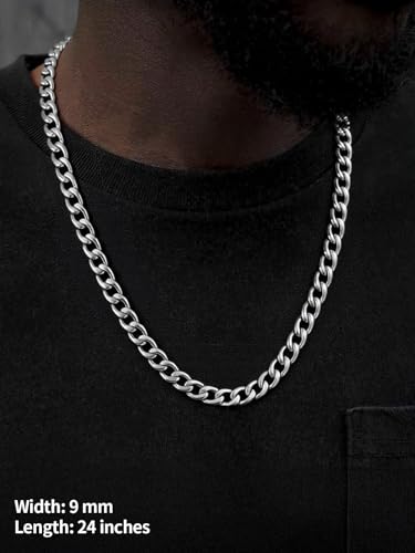 U7 Cuban Link Chain for Men Women Stainless Steel Curb Necklace, 7/9/12/15 MM Chunky Chain Silver/Gold/Black Mens Hip Hop Jewelry 18''-30'' - color: a. 9mm-silver, size: 22 Inch